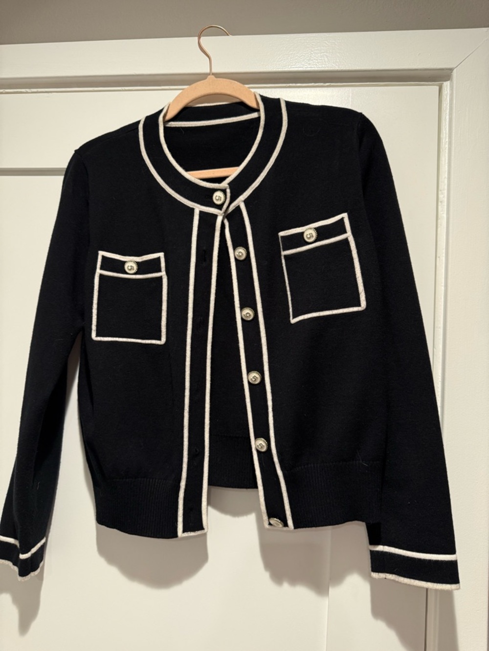 CC Number 5 Black Cardigan with White Trim 5 Buttons